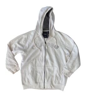 Chaps Mens Zip Up Hoodie Sweatshirt Medium Ivory‎ White Logo Pullover